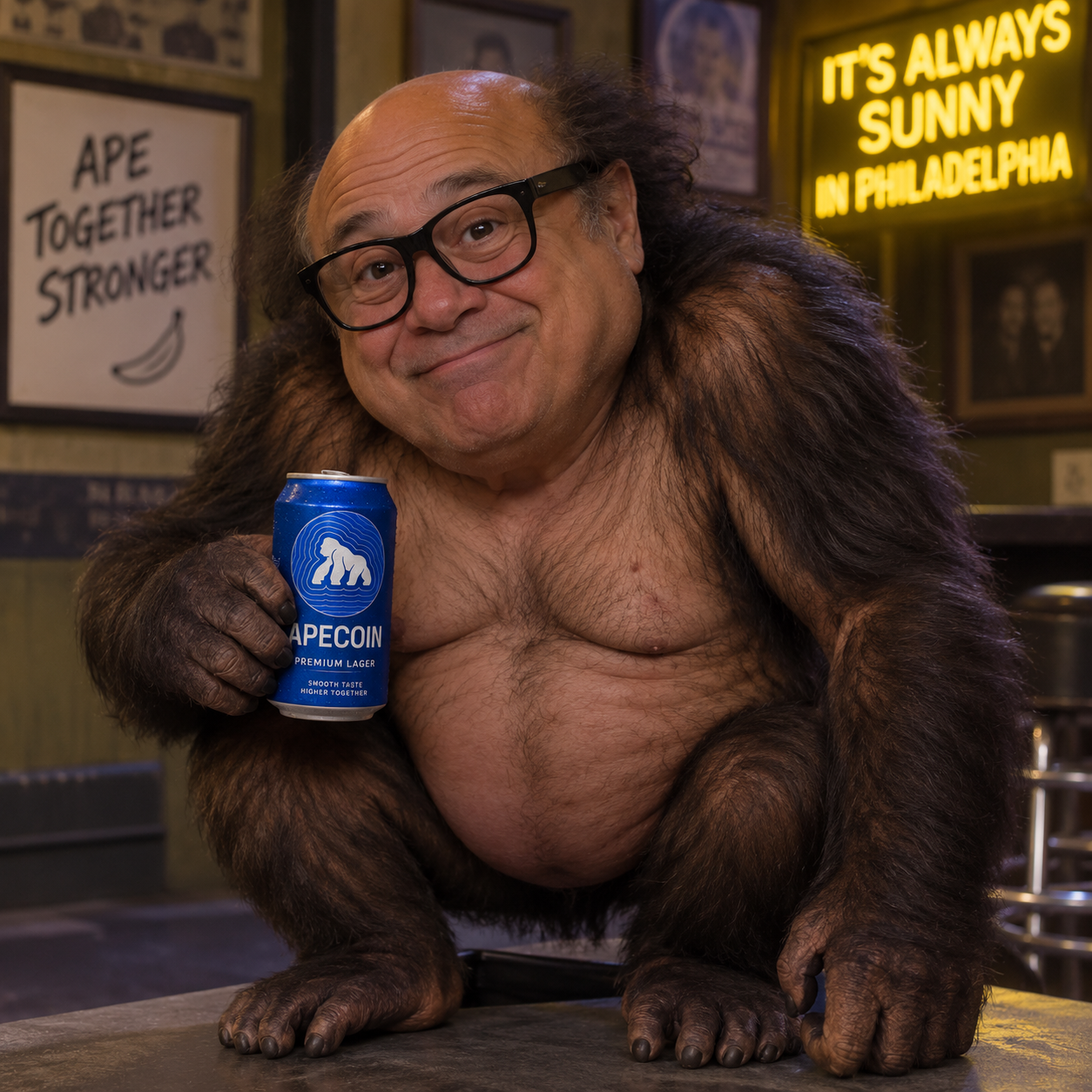 A grinning, bespectacled ape holding a blue can of ApeCoin lager in a pub
